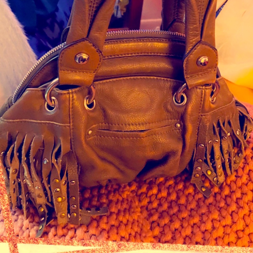 B.Makowsky brown Leather Fringe/Studded Multi pocket organizer bag
